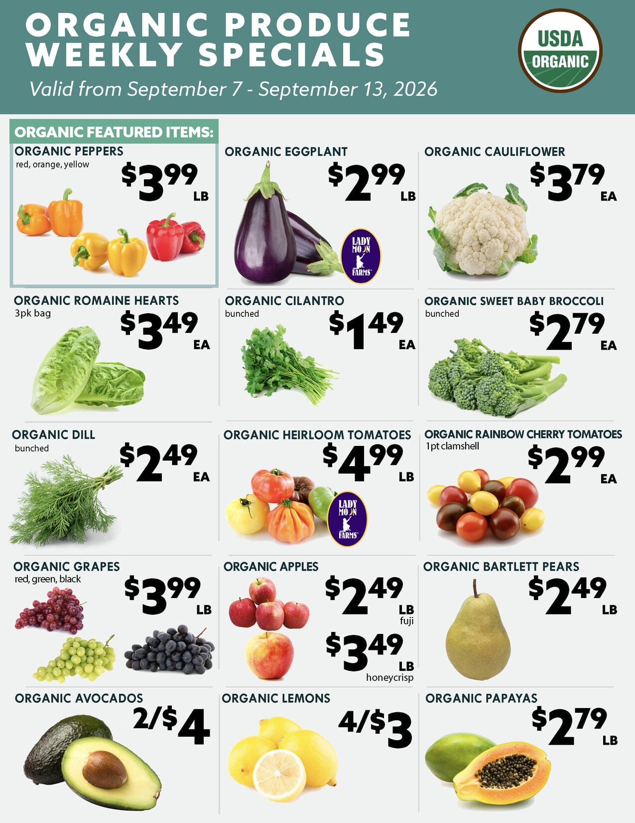 Organic Produce Weekly Specials, valid September 7 to September 13, 2026